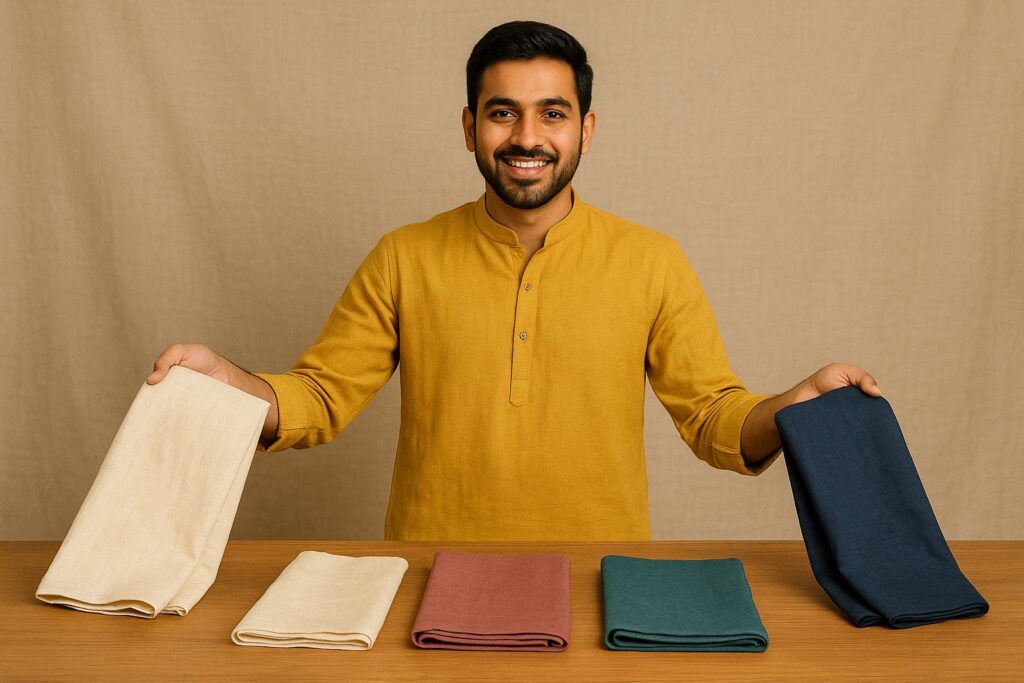 लिनन कुर्ता पजामा पहने युवक टेबल पर रखे अलग-अलग कपड़े दिखा रहा है – Kurta Pajama Ka Kapda Banner