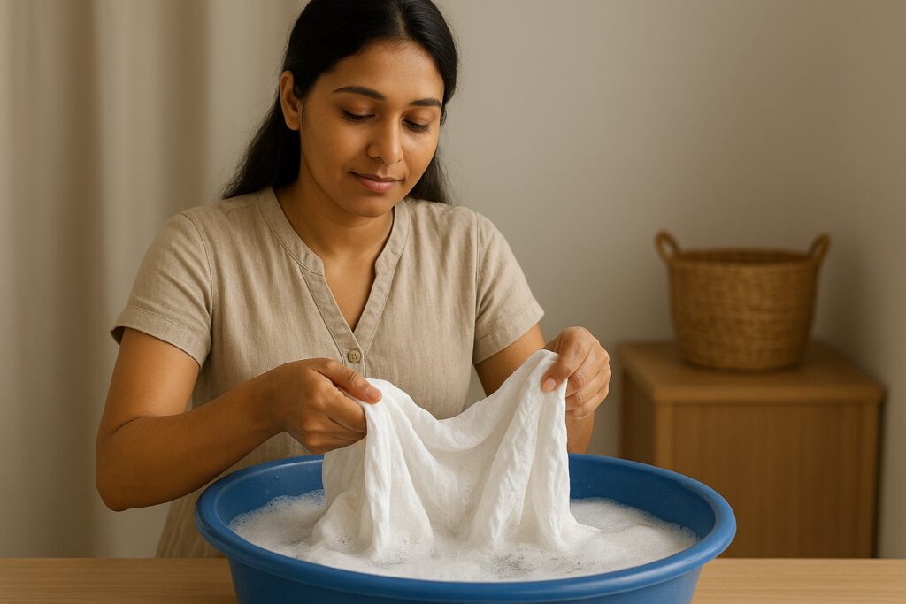 लिनन कपड़ा धोते समय महिला detergent से साफ करती हुई