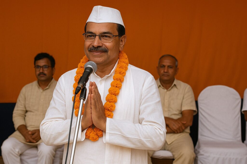 Neta log kaise kapde pehente hain – स्टेज पर खड़े नेता, माइक के सामने, गले में माला और टोपी पहने हुए