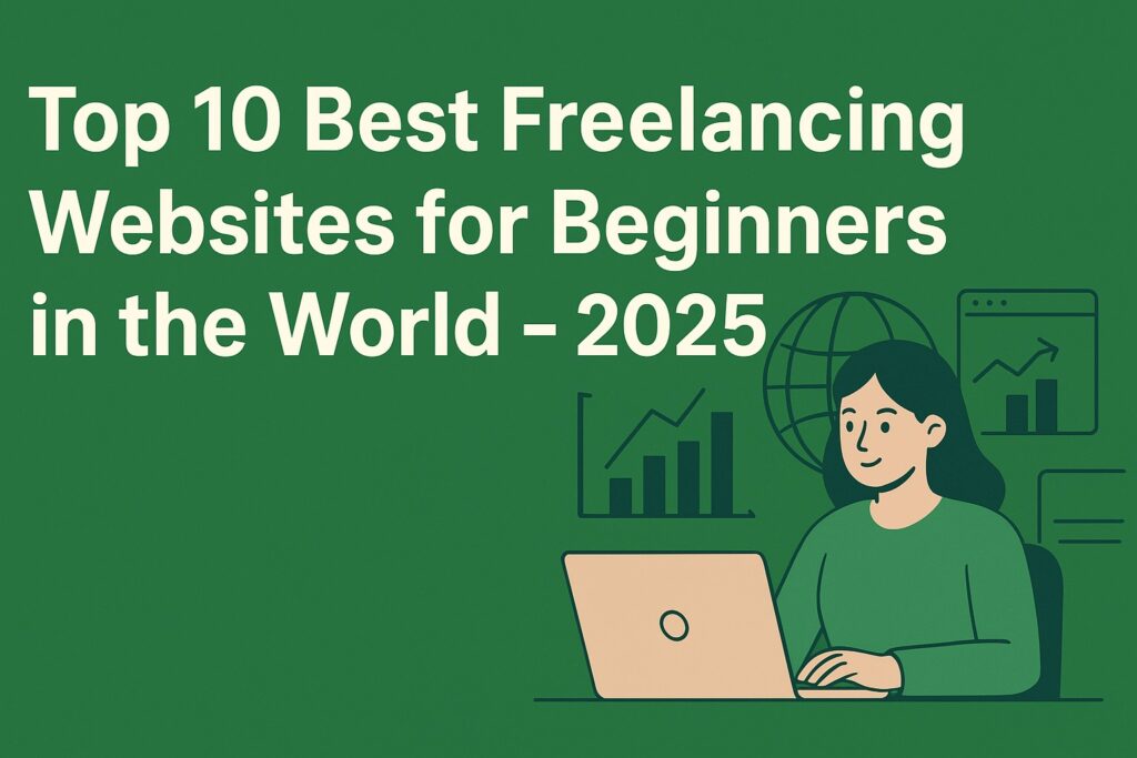 Banner showing Top 10 best freelancing websites for beginners in the world with ecosystem design and a girl working on laptop