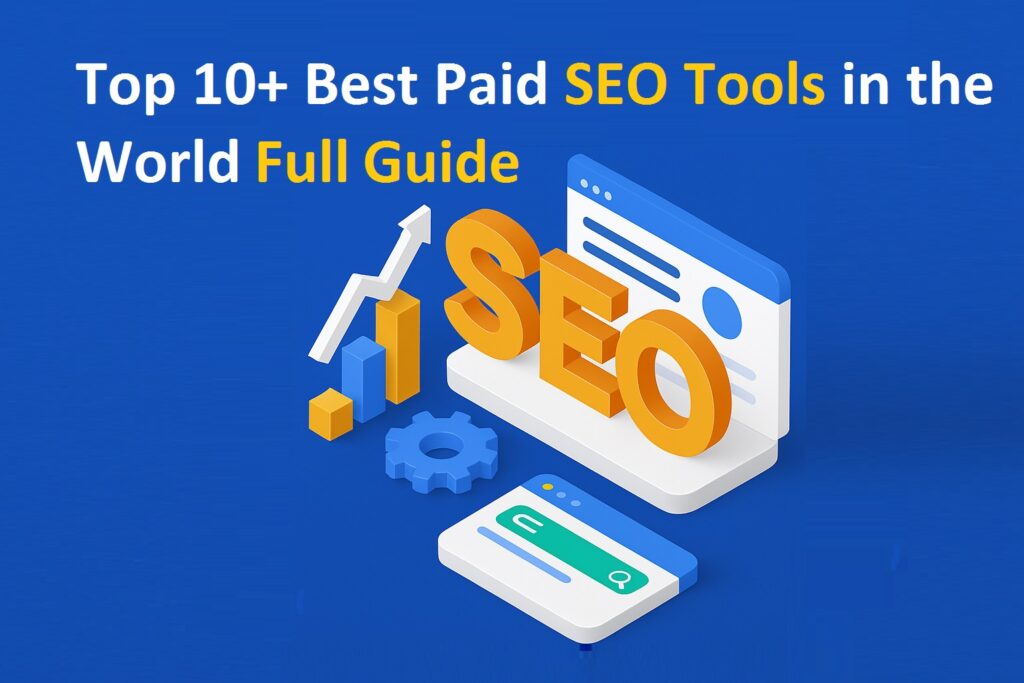 Best Paid SEO Tools in the World banner with 3D SEO icons, graphs, and digital marketing visuals
