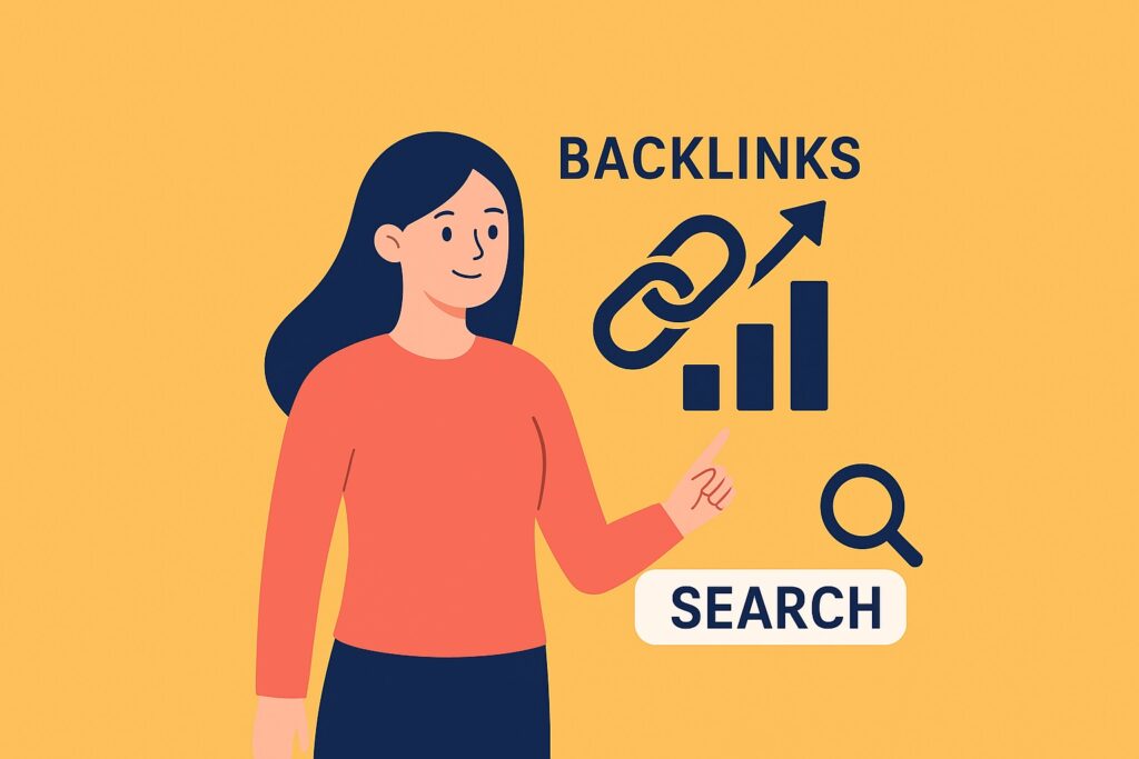 Young woman backlinks working on laptop at desk with SEO ecosystem background and light yellow theme