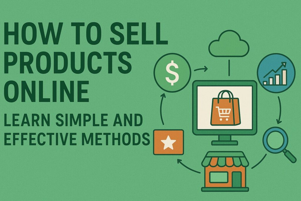 How to Sell Products Online – Learn Simple and Effective Methods banner with eCommerce ecosystem icons like laptop, shopping bag, store, dollar sign, chart, and magnifying glass.