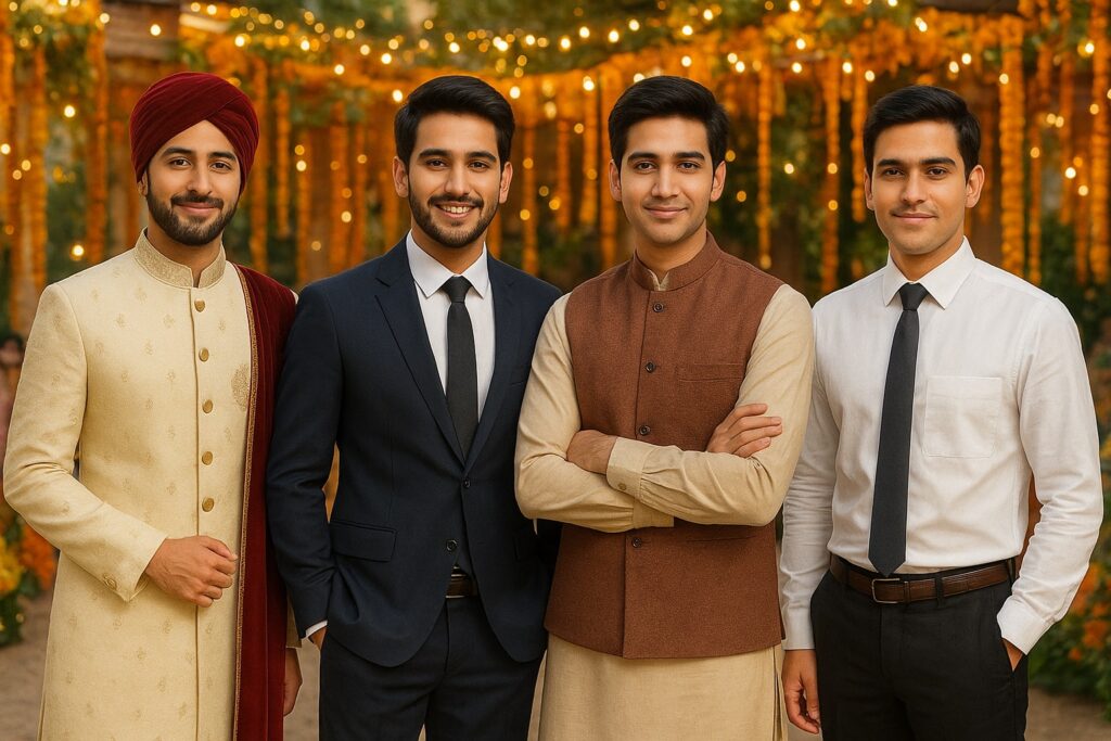 shadi me pahnne ke liye ladko ka kapde – शेरवानी, सूट, कुर्ता नेहरू जैकेट और pant-shirt लुक वाला बैनर