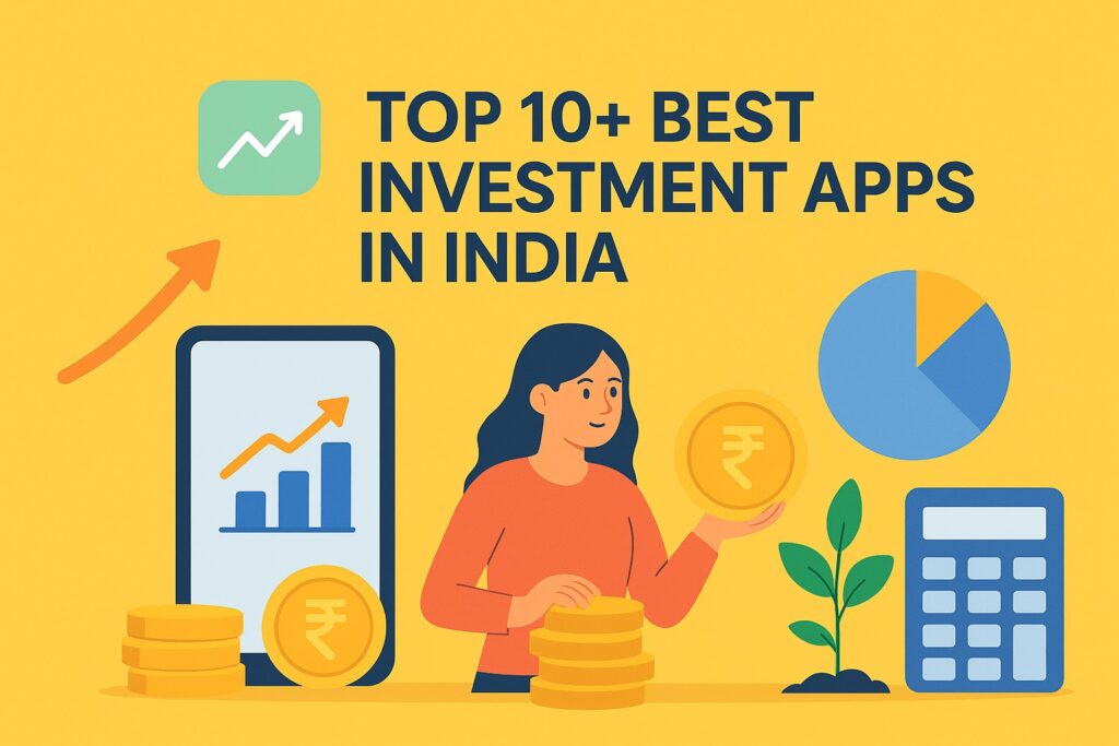 Banner showcasing the ecosystem of India’s top 10+ best investment apps, with modern flat-style design and yellow background for better visibility.