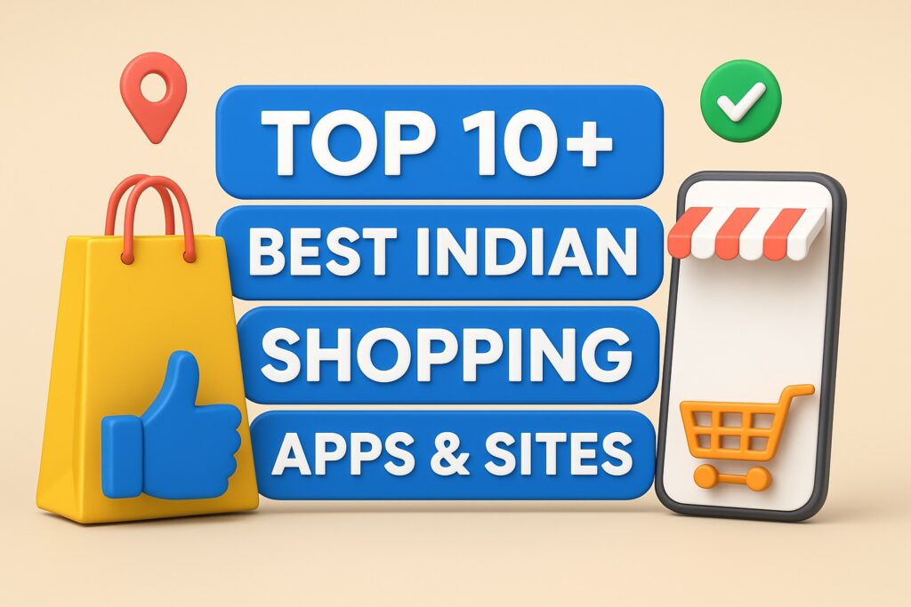 3D banner showing Top 10+ Best Indian Shopping Apps and Sites with shopping bag and smartphone icons