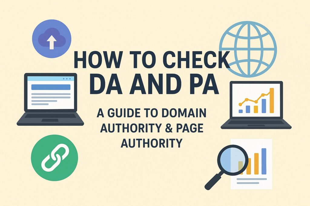 How to Check DA and PA - Free DA PA Checker Guide Banner with Laptops, Charts, and SEO Icons