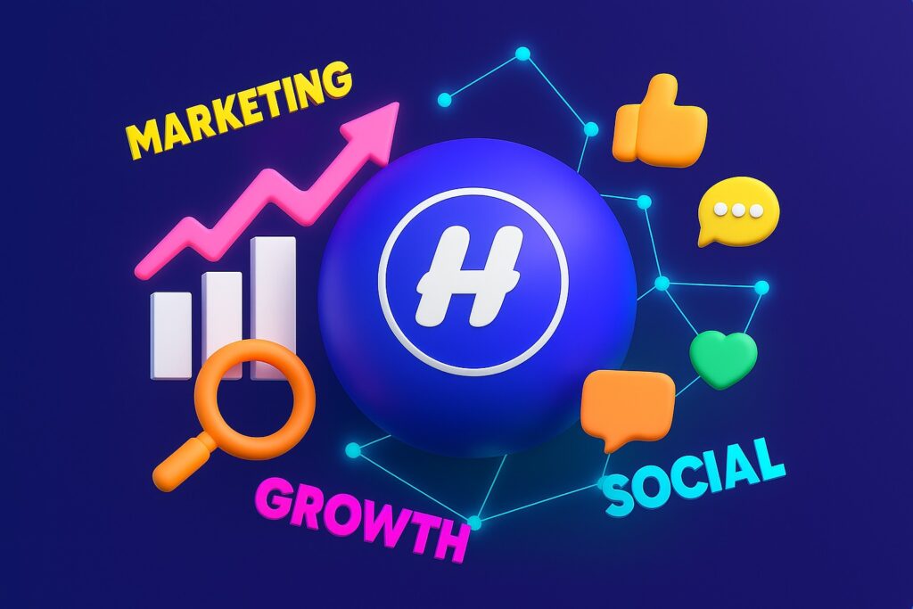 3D banner showing Hmsay logo with marketing, growth, and social media ecosystem icons in a vibrant digital design