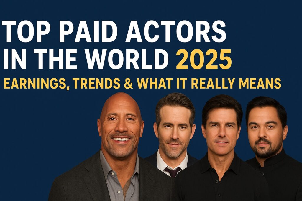 Top Paid Actors 2025 featuring Hollywood and Bollywood stars including Dwayne Johnson, Ryan Reynolds, Tom Cruise, and Shah Rukh Khan