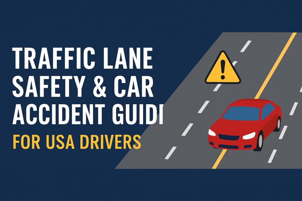 Traffic Lane Safety and Car Accident Guide for USA Drivers banner showing a red car on highway with warning sign