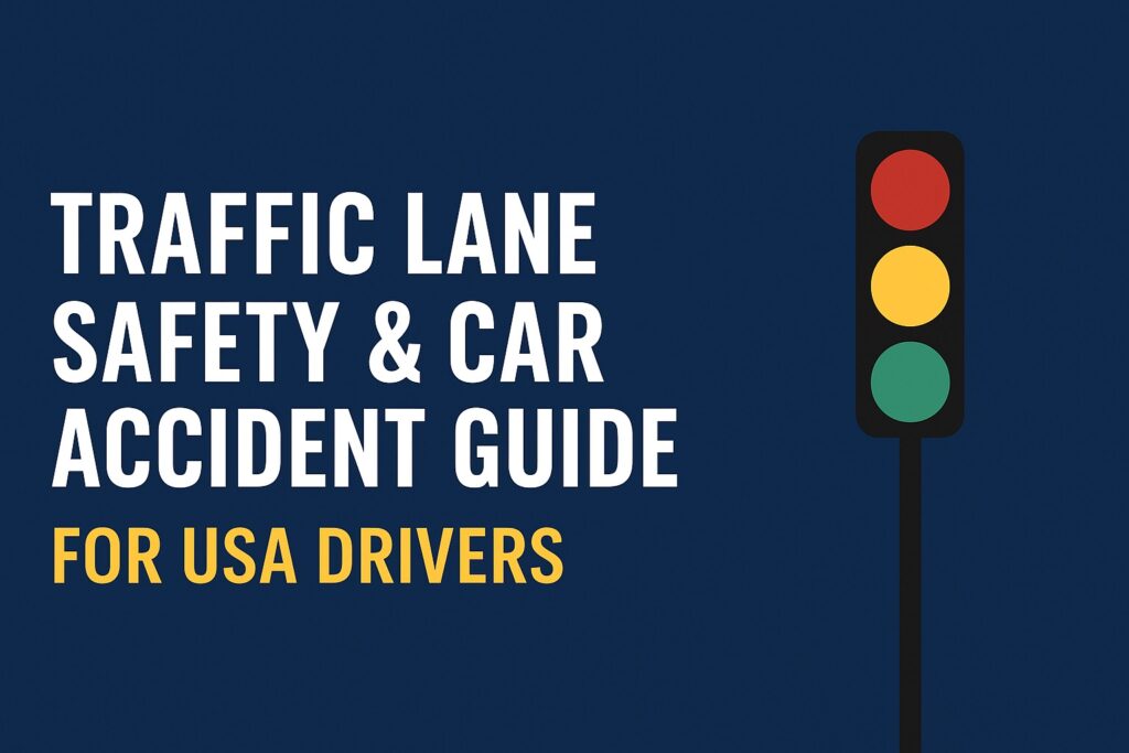Traffic Lane Safety and Car Accident Guide banner with traffic light illustration for USA drivers