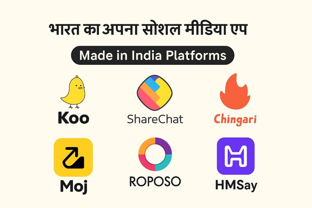 भारत का अपना सोशल मीडिया ऐप – Koo, ShareChat, Chingari, Moj, Roposo और HMSay जैसे Made in India प्लेटफॉर्म्स का 3D लोगो बैनर