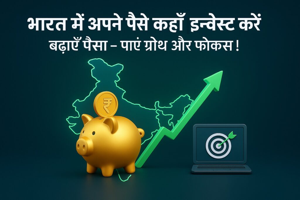 भारत में अपने पैसे कहाँ इन्वेस्ट करें सब्द और भारत का नक्शा, गोल्डन गुल्लक, रुपया सिक्का, ग्रोथ ऐरो और लैपटॉप के साथ 3D बैनर – स्मार्ट इन्वेस्ट से बढ़ाएँ अपना पैसा