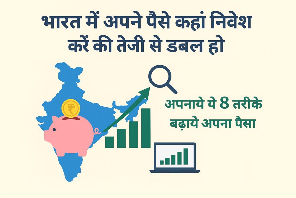 भारत का नक्शा, गुल्लक, रुपया सिक्का और ग्रोथ ऐरो के साथ 3D बैनर – भारत में अपने पैसे कहाँ इन्वेस्ट करें