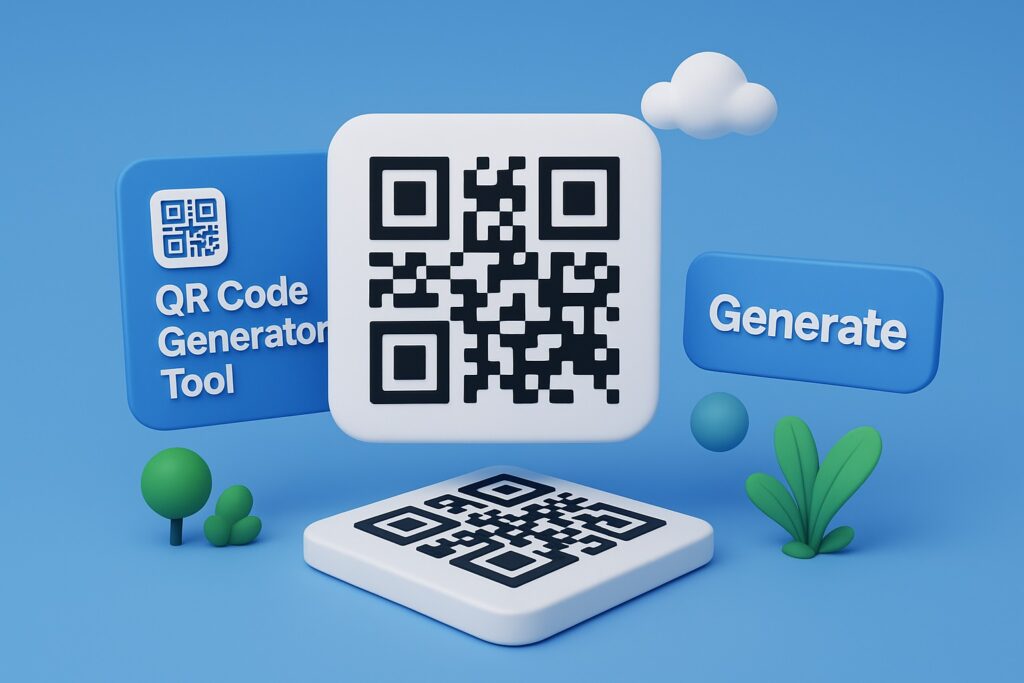 3D ecosystem banner showing the QR Code Generator Tool interface with a generated QR code and digital design elements
