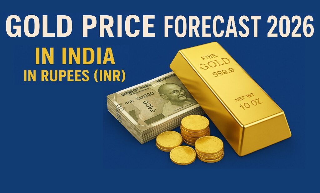 gold price forecast 2026 in india in rupees (inr) banner me content likha hai aur gold, paisa, coin ka photo hai
