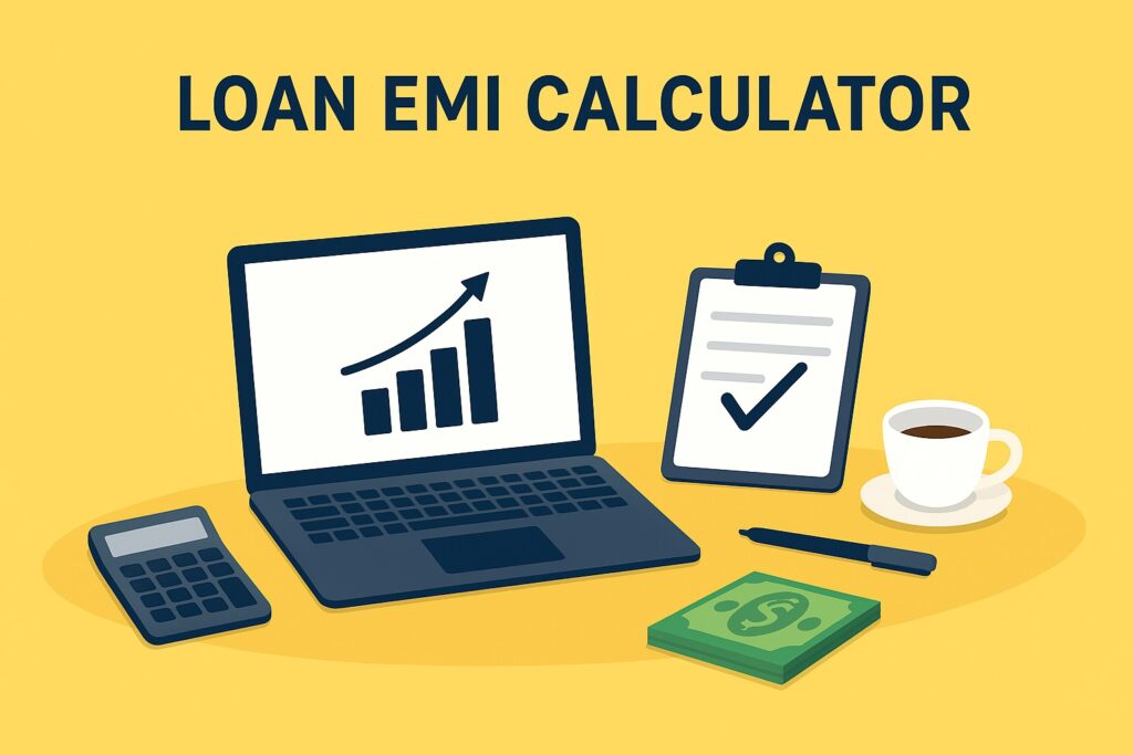 Online Loan EMI Calculator banner showing laptop, calculator, clipboard, money, and coffee cup on a desk for financial planning