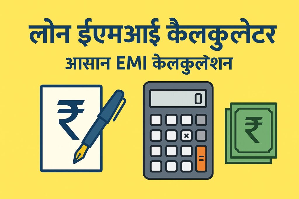 लोन ईएमआई कैलकुलेटर बैनर - आसान EMI कैलकुलेशन हिंदी में, पीला बैकग्राउंड, रुपये का चिन्ह और कैलकुलेटर