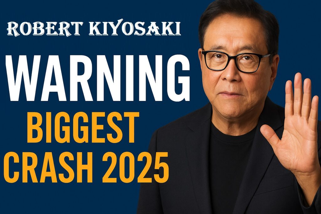 image ke content me likkha hai Robert Kiyosaki Warning – Biggest Crash 2025 | ye Rich Dad Poor Dad Author hai aur Banner me Robert Kiyosaki ka haath dikhate huwe photo hai
