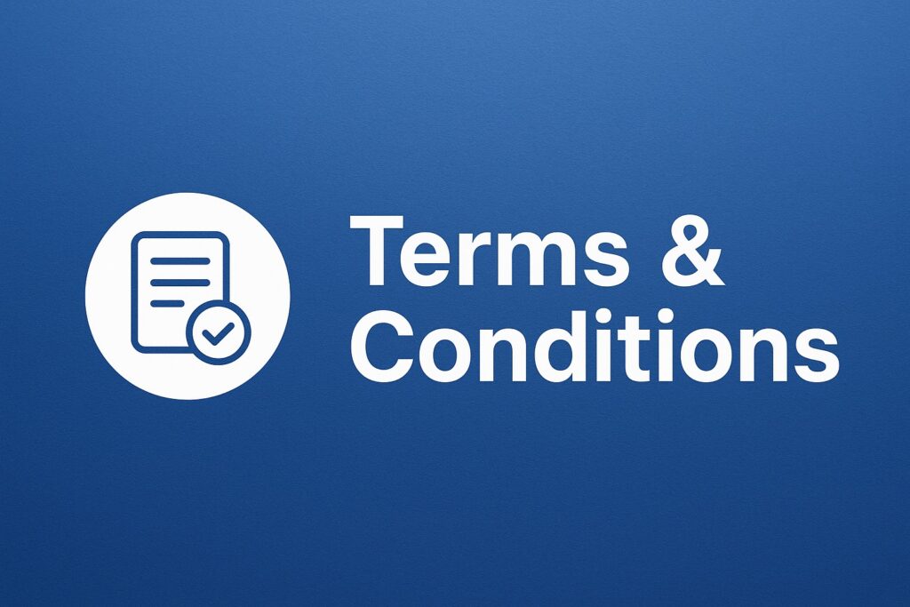 Terms and Conditions banner for GoodGlo website with document and checkmark icon on blue background.