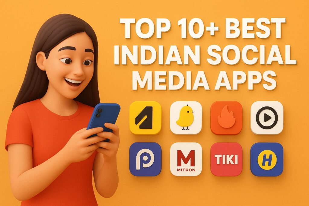 3D banner of a smiling girl using mobile phone with logos of top indian social media apps on yellow-orange background