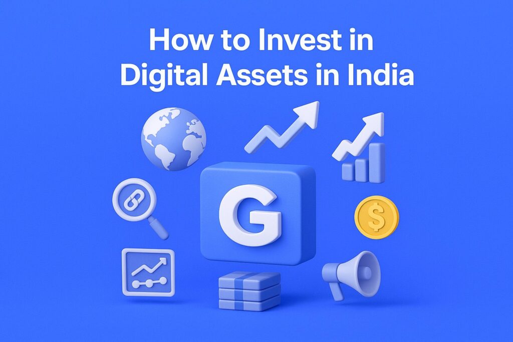 writing in content How to Invest in Digital Assets in India - 3D blue banner showing digital marketing ecosystem with globe, backlink, growth, money, and GoodGlo box.