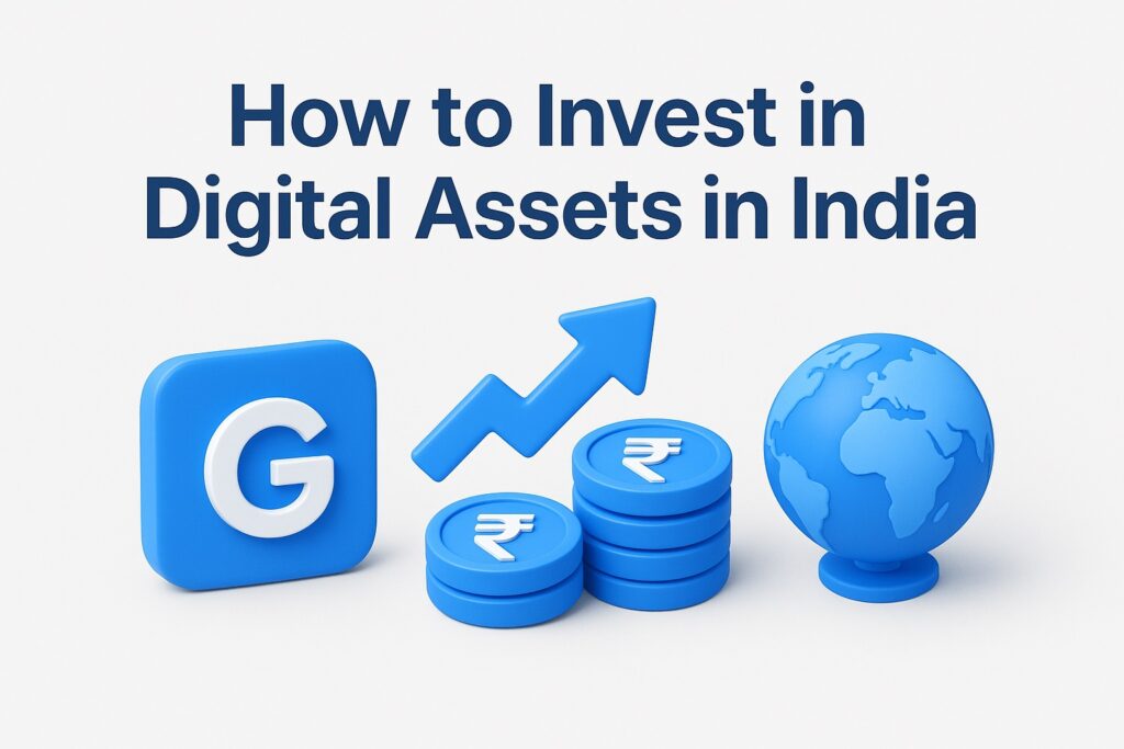 3D banner showing How to Invest in Digital Assets in India with GoodGlo – featuring blue box with G, money, growth arrow, and globe symbols representing digital marketing ecosystem.