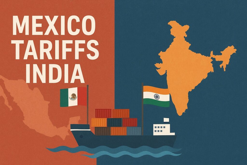 Illustration showing Mexico tariffs India trade impact with cargo ship, country maps of Mexico and India, and both national flags on water.