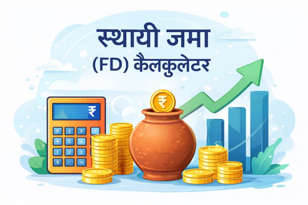 स्थायी जमा कैलकुलेटर (Fixed Deposit FD Calculator in Hindi) बैनर जिसमें गुलक, सिक्के, कैलकुलेटर और ग्रोथ का प्रतीक दिखाया गया है।