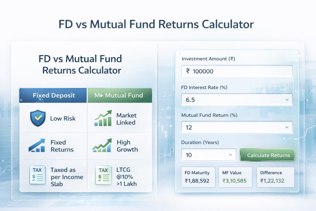 Infographic comparing Fixed Deposit vs Mutual Fund: showing risk, returns, taxation, and a calculator interface with sample results.