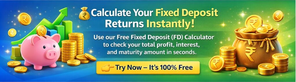Fixed Deposit (FD) Calculator Banner – Calculate your FD returns, total profit, and investment growth instantly.
