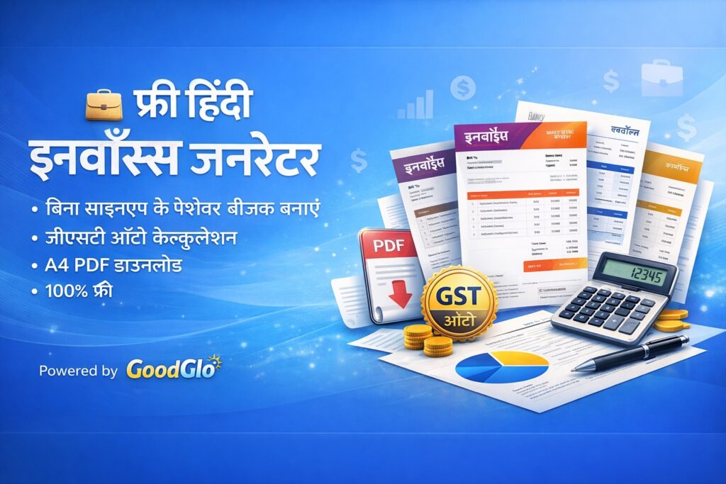 नीले रंग की पृष्ठभूमि वाला बैनर जिसमें लिखा है फ्री हिंदी इनवॉइस जनरेटर और नीचे लिखा है बिना साइनअप के पेशेवर बीजक बनाएं, जीएसटी ऑटो कैलकुलेशन, A4 PDF डाउनलोड, 100% फ्री।
दायीं ओर विभिन्न रंगों के हिंदी इनवॉइस टेम्प्लेट दिखाई दे रहे हैं, साथ में एक कैलकुलेटर, कुछ सिक्के, पेन और PDF डाउनलोड का आइकन है।
नीचे बाएँ कोने में लिखा है Powered by GoodGlo