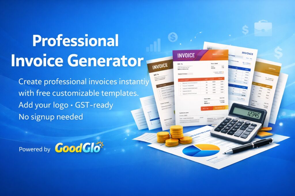 Blue gradient banner for Professional Invoice Generator showing text “Create professional invoices instantly with free customizable templates. Add your logo • GST-ready • No signup needed.” Features colorful invoice documents, calculator, gold coins, and the brand text “Powered by GoodGlo.