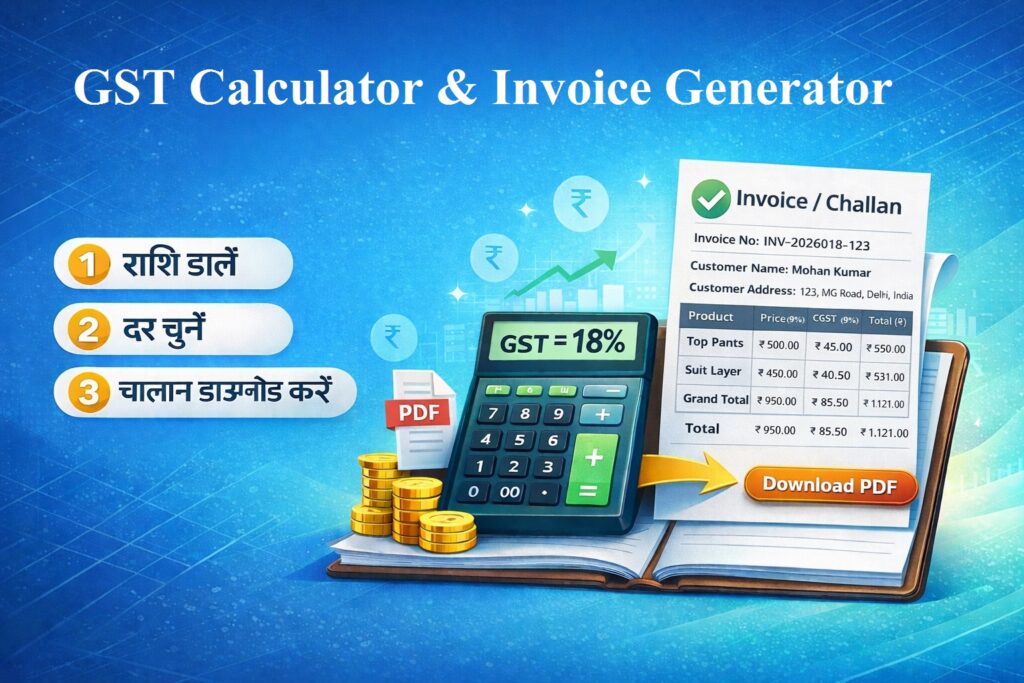 एक हरे रंग का पेशेवर बैनर जिसमें 'GST calculator & Invoice Generator' लिखा है, तीन आसान चरण दिखाए गए हैं: 1. राशि डालें, 2. दर चुनें, 3. चालान डाउनलोड करें। नीचे 'अभी आज़माएँ' बटन के साथ मोबाइल और कंप्यूटर पर मुफ़्त उपयोग का वादा किया गया है।