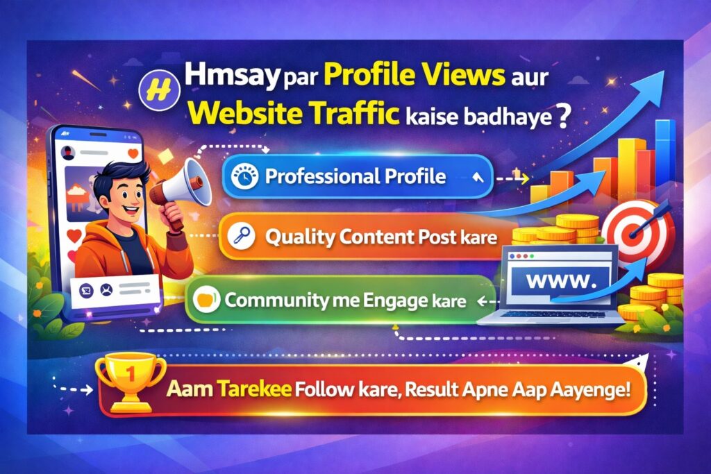 Hmsay par profile views aur website traffic badhane ke best tips infographic professonal profile, quality content post karo, community me engage kare, aam tarekee follow kare, result apne aap aayenge Hinglish me likha hai aur mareting, growth ka simbal bna hai