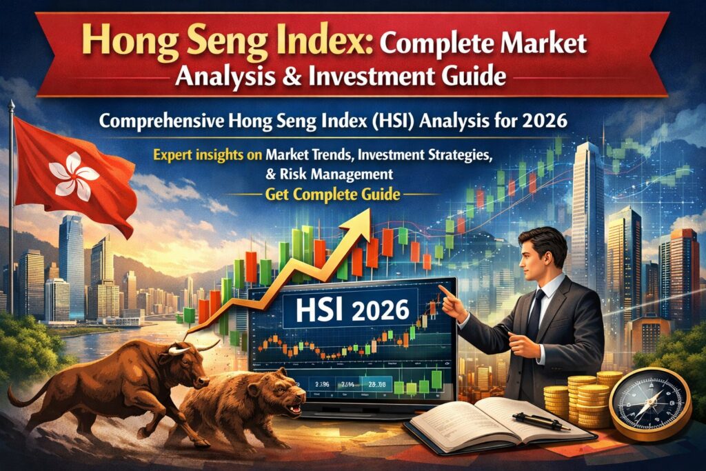Hong Seng Index: Complete Market Analysis & Investment Guide banner showing Comprehensive Hong Seng Index (HSI) Analysis for 2026. Expert insights on Market Trends, Investment Strategies, and Risk Management with text "Get Complete Guide". The design features the Hong Kong skyline, Hong Kong flag, stock market candlestick charts, rising arrow showing market growth, HSI 2026 chart on screen, a businessman in suit analyzing data, gold coins, compass, open book with pen, and bull and bear symbols representing market trends.