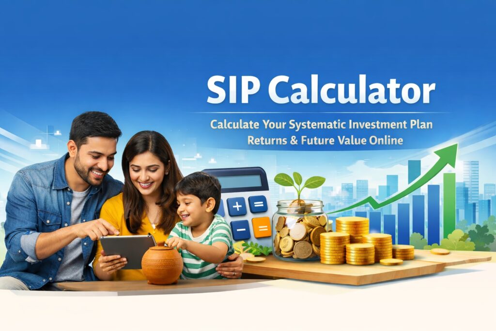 SIP Calculator banner showing an Indian family investing together with a clay piggy bank, calculator, coins, and a growing plant symbolizing financial growth.
