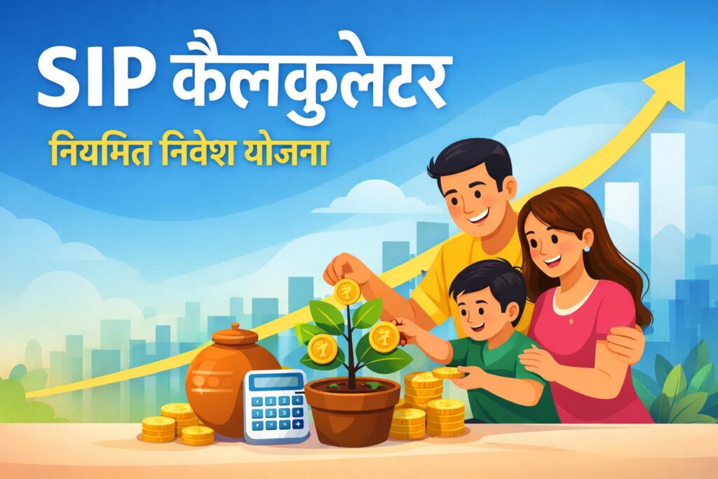 SIP कैलकुलेटर – नियमित निवेश योजना का बैनर जिसमें एक परिवार पौधे में सिक्के डाल रहा है, साथ में गुलक और कैलकुलेटर दिखाया गया है जो निवेश की वृद्धि को दर्शाता है।