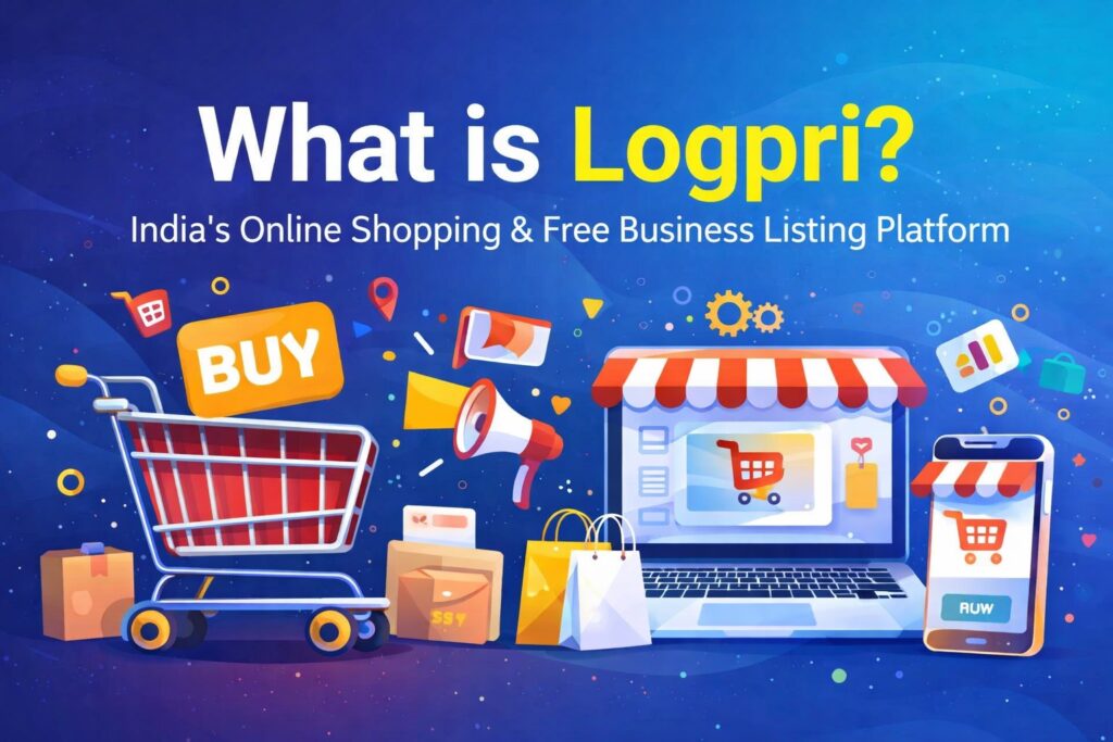 What is Logpri - India's Online Shopping and Free Business Listing (FBL) Platform Banner with Cart, Buy, Laptop and Mobile Icons