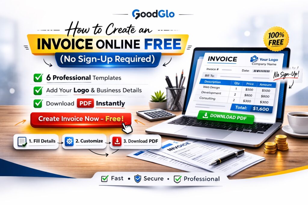 GoodGlo banner showing how to create an invoice online free without sign-up. The design features a laptop screen displaying an invoice template with 'Your Logo', item list, prices, and total amount. Text highlights include '6 Professional Templates', 'Add Your Logo & Business Details', and 'Download PDF Instantly'. A large red button says 'Create Invoice Now – Free!', and a 100% Free badge appears on the top right