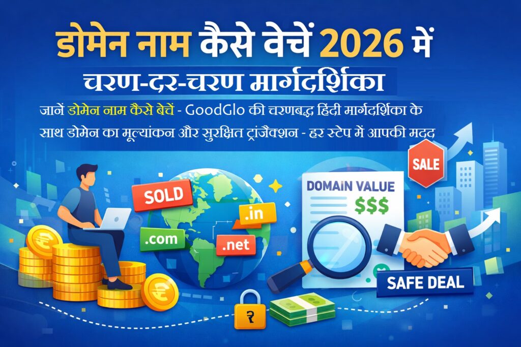 डोमेन नाम कैसे बेचें 2026 में – GoodGlo की हिंदी मार्गदर्शिका। बैनर में एक व्यक्ति लैपटॉप पर बैठा है, उसके आसपास सिक्के, डोमेन टैग (.com, .net, .in) और 'SOLD', 'DOMAIN VALUE $$$', 'SAFE DEAL', और 'SALE' के चिन्ह दिख रहे हैं। ग्लोब, रुपये और सुरक्षित लेनदेन का ताला आइकन यह दर्शाते हैं कि यह डोमेन बेचने की पूरी प्रक्रिया की गाइड है।