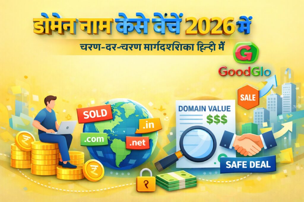 डोमेन नाम कैसे बेचें 2026 में – GoodGlo की चरण-दर-चरण मार्गदर्शिका हिन्दी में। बैनर में पीले बैकग्राउंड पर 3D डिज़ाइन में एक व्यक्ति लैपटॉप पर बैठा है, उसके आसपास सोने के सिक्के, ग्लोब, और डोमेन टैग (.com, .net, .in, SOLD) दिख रहे हैं। दाईं ओर ‘DOMAIN VALUE $$$’, ‘SAFE DEAL’ और ‘SALE’ के आइकन हैं, और ऊपर GoodGlo का 3D लोगो दिखाई दे रहा है।