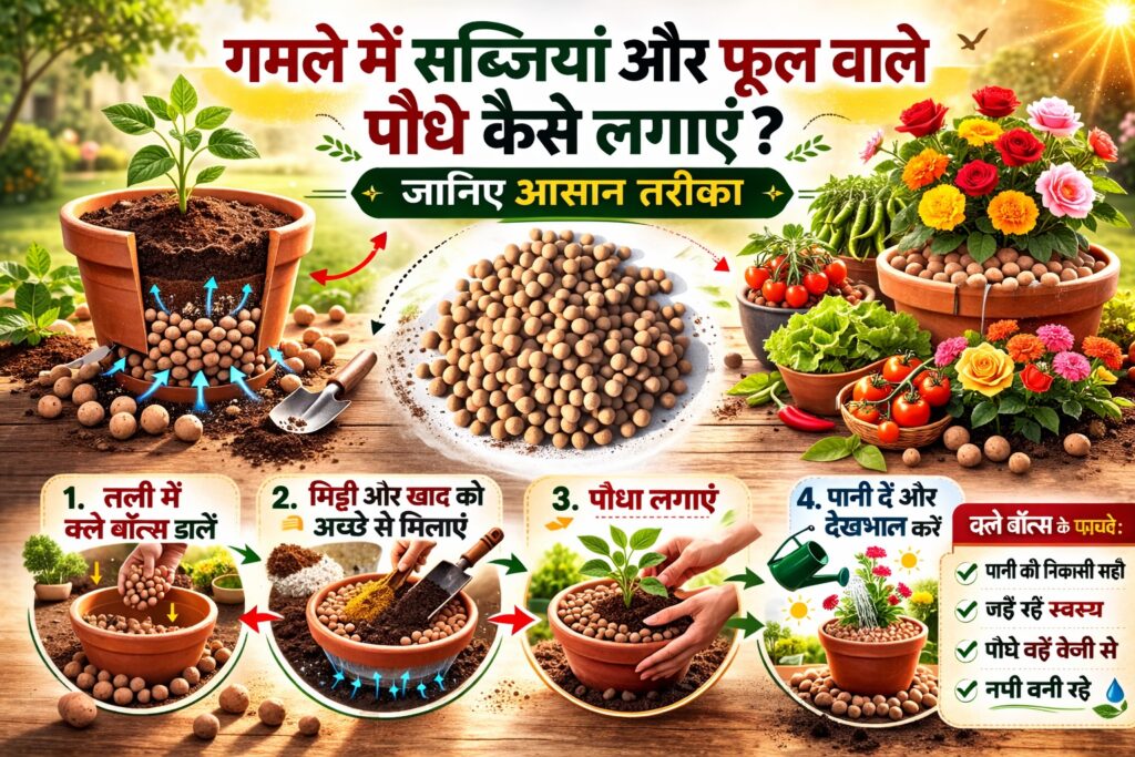 गमले में सब्जियां और फूल वाले पौधे कैसे लगाएं? जानिए आसान तरीका बैनर में लिखा है और दिखाया गया है कि पौधों की तली में क्ले बॉल्स डालें, फिर मिट्टी और खाद को अच्छे से मिलाएं, उसके बाद पौधा लगाएं और पानी देकर देखभाल करें। तस्वीर में मिट्टी के गमलों में टमाटर, मिर्च, बैंगन, लेट्यूस, धनिया, गुलाब और गेंदा के पौधे दिख रहे हैं। बीच में मिटटी की गोली की परत और मिट्टी का क्रॉस-सेक्शन दिखाया गया है जिससे जल निकासी बेहतर हो सके। दाहिनी ओर मिट्टी की गोली के फायदे लिखे हैं — पानी की निकासी सही, जड़ें रहें स्वस्थ, पौधे बढ़ें तेजी से और नमी बनी रहे। पृष्ठभूमि में धूप वाला बगीचा, फूलों से सजे गमले और हरा-भरा घर का दृश्य दिखाई दे रहा है।