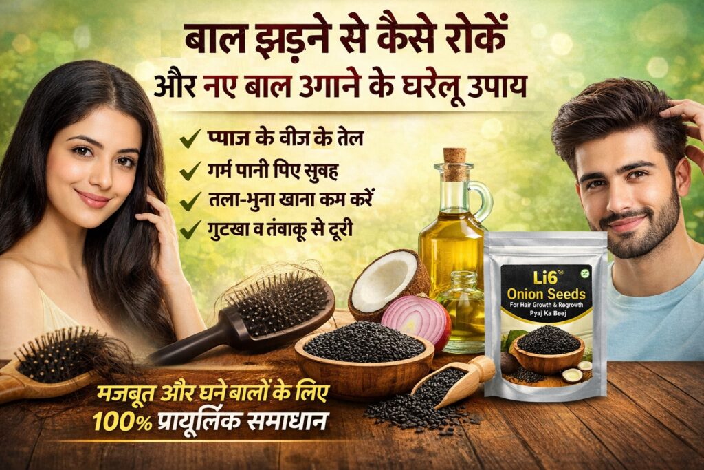 बाल झड़ने से कैसे रोकें और नए बाल उगाने के घरेलू उपाय – प्याज के बीज से तेल, Li6 Onion Seeds पैक, तेल की बोतल, प्याज, कंघी और स्वस्थ बालों वाली महिला व पुरुष की तस्वीर