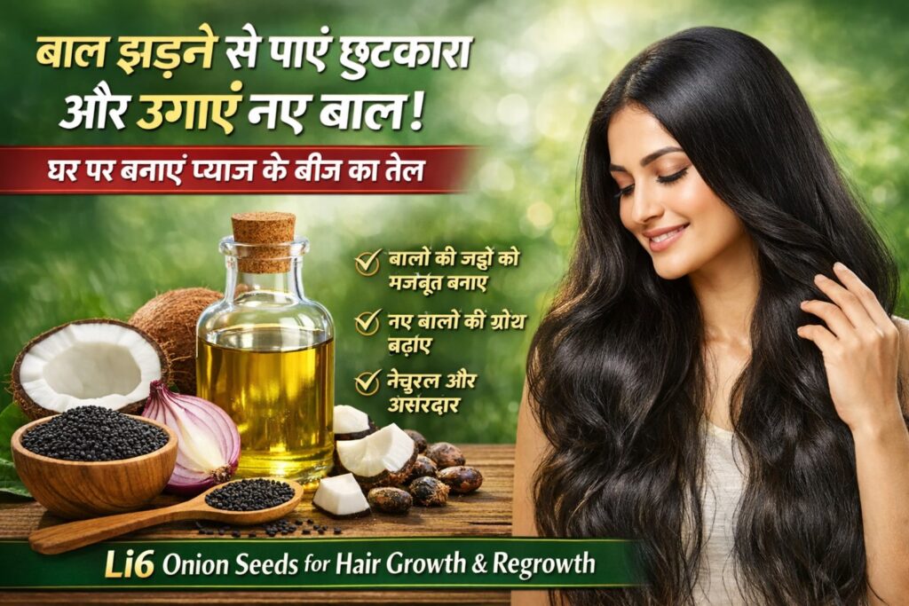बाल झड़ने से पाएं छुटकारा और उगाएं नए बाल – घर पर बनाएं प्याज के बीज का तेल, Li6 Onion Seeds for Hair Growth & Regrowth, लंबे काले बालों वाली लड़की, नारियल तेल की बोतल, प्याज, प्याज के बीज और प्राकृतिक सामग्री के साथ हेयर ग्रोथ बैनर