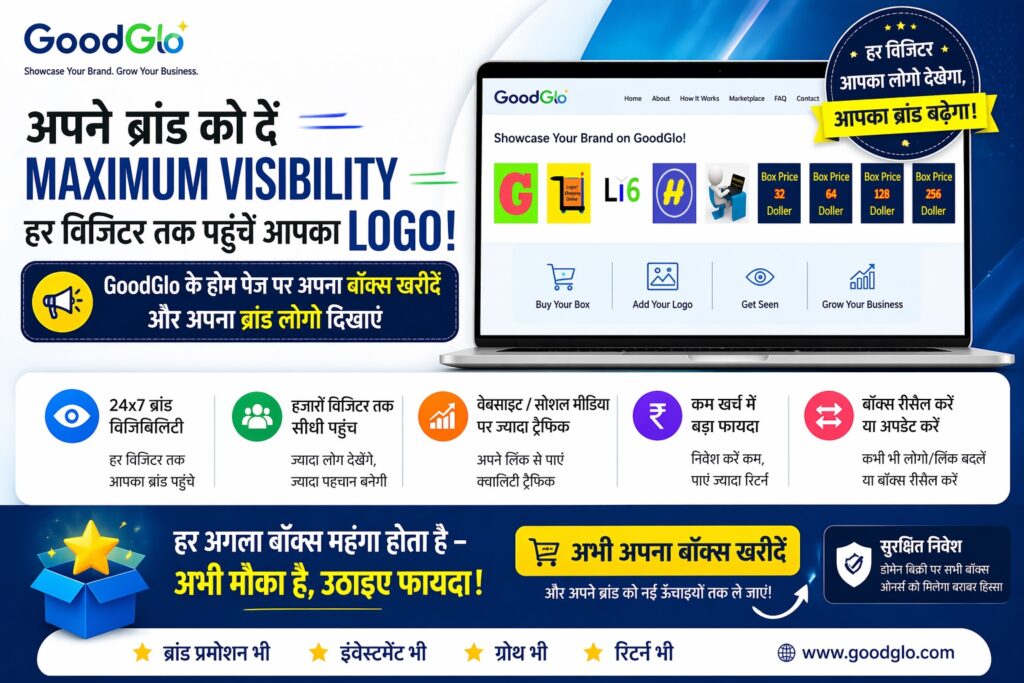 GoodGlo featured banner with laptop mockup showing homepage logo boxes, maximum visibility branding, buy your box, add your logo, get seen, grow business, benefits like 24x7 visibility, high traffic reach, low cost investment, resell or update box option and increasing box price strategy