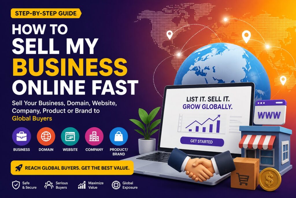 How to sell my business online fast featured image showing global buyers, laptop growth chart, handshake deal, globe world map, business domain website company product brand icons and online marketplace concept