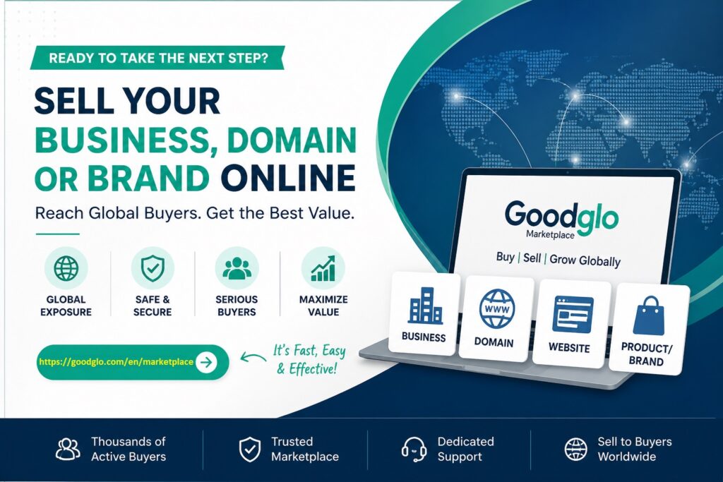 Sell your business, domain or brand online with Goodglo Marketplace banner showing global buyers, laptop screen, business, domain, website, product brand icons, trusted marketplace, safe secure selling and worldwide exposure